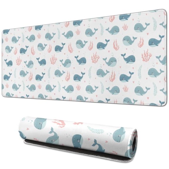 31.5x11.8 Inch Gaming Mouse Pad, Non-Slip Stitched Rubber Desk Mat for Desktop & Laptop,Whale Coral Heart Light Blue Pattern
