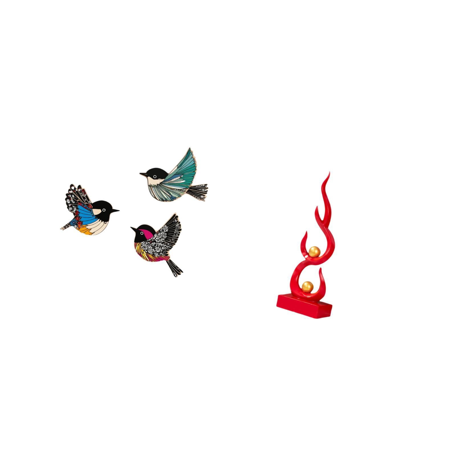 Dualoai Wooden Bird Wall Art and Abstract Fire Statue Resin Flame Figurine Modern Sculpture Craft for Garden Study Room Farmhouse Patio Office Decor