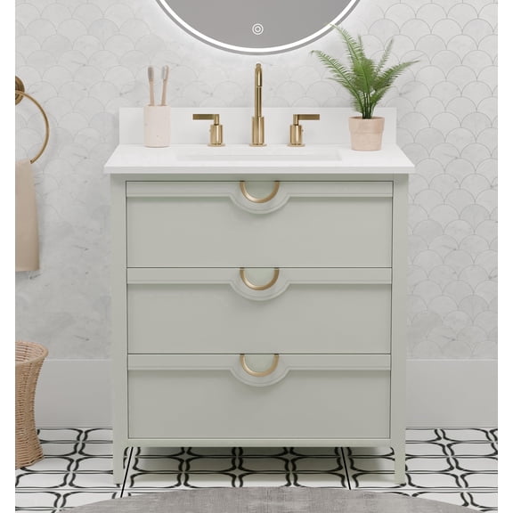 Tile & Top 30 Inch Freestanding Single Bathroom Vanity, 31"W x 22" D Pure White Quartz Top with Sink & Backsplash, Sage Green Solid Wood Pre-Assembled with 3 Soft Close Drawers & Adjustable Feet
