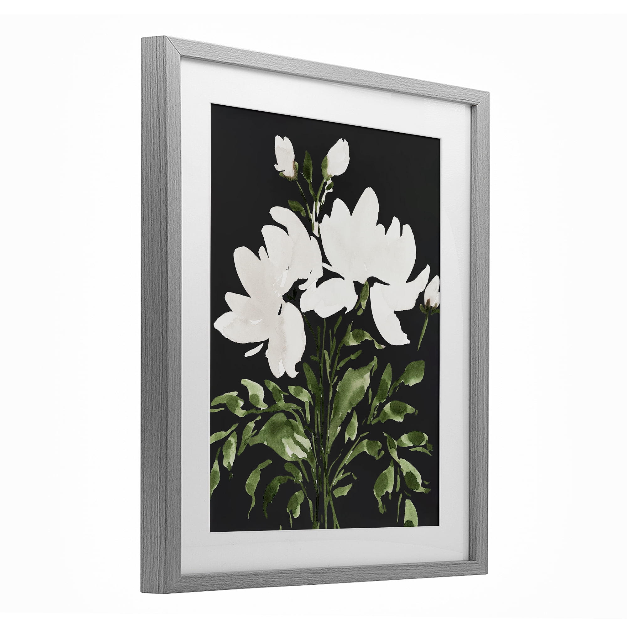 Stupell Industries White On Black Floral Gray Framed Print Under Glass, design by Lucille Price