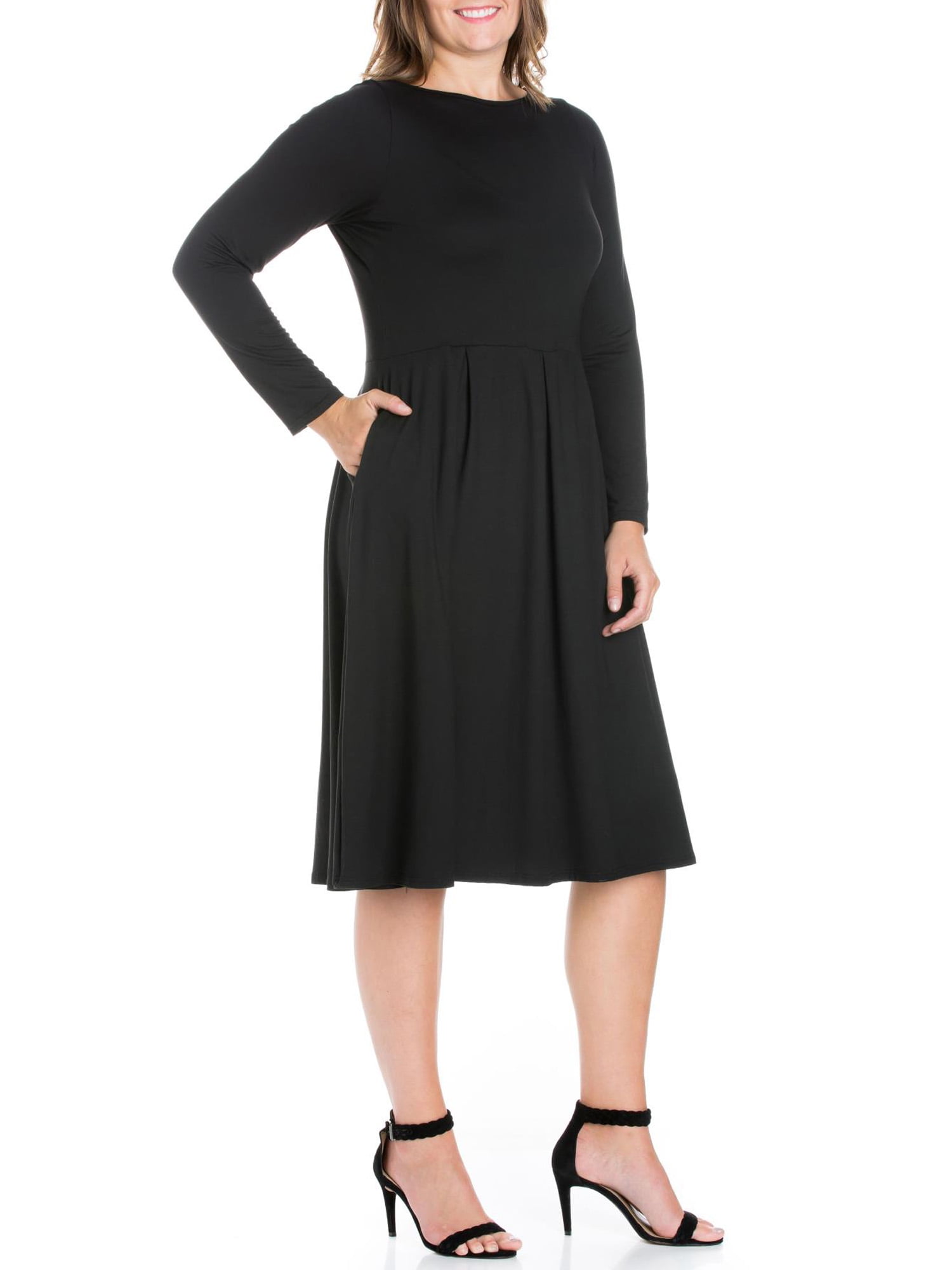 24/7 Comfort Apparel Women's Plus Size Long Sleeve Fit and Flare Midi Dress