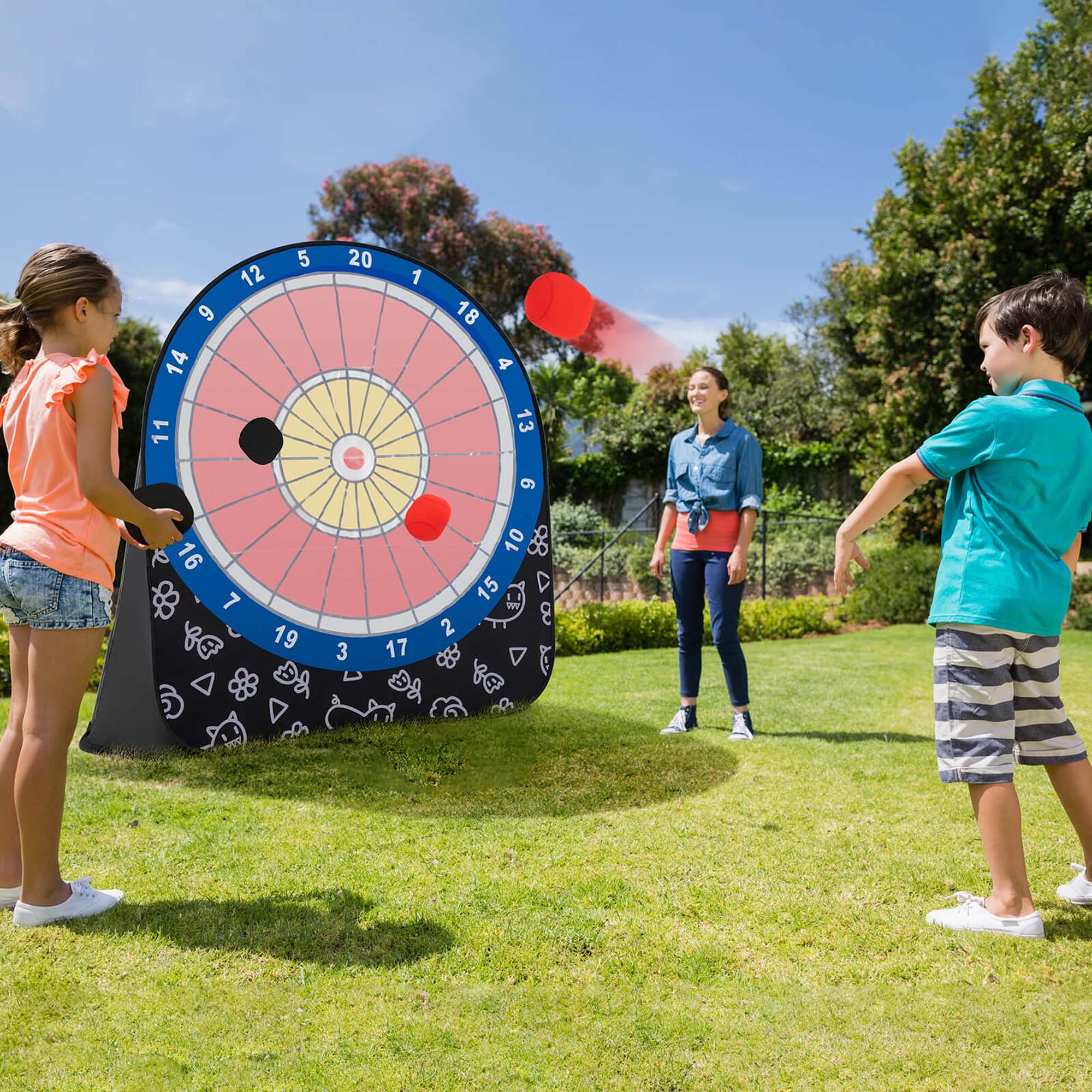 Costway Large Dart Board for Kids with 4 Kick Balls, Carrying Bag Giant Outdoor Kick Black