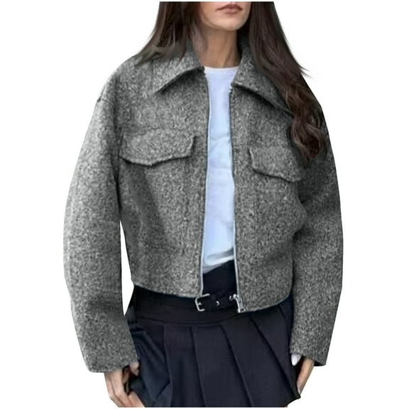 UYISJ Women's Turn Down Collar Jackets Long Sleeve Single Breasted Outerwear Fall Winter Solid Color Pea Coat with Pockets Dark Gray XS