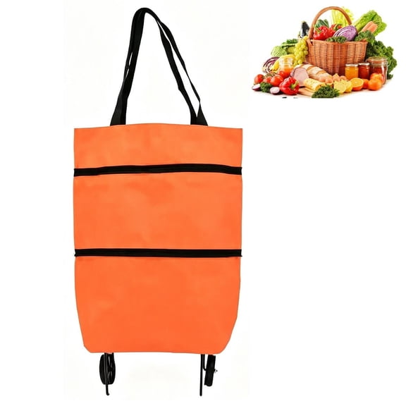 2-in-1 Foldable Shopping Cart, Rolling Shopping Bag with Wheels, 23L | Collapsible Wheeled Tote, Compact Grocery Wagon, Parcel Pickup, Laundry Transport, Apartment Errands, Travel Storage(Orange)