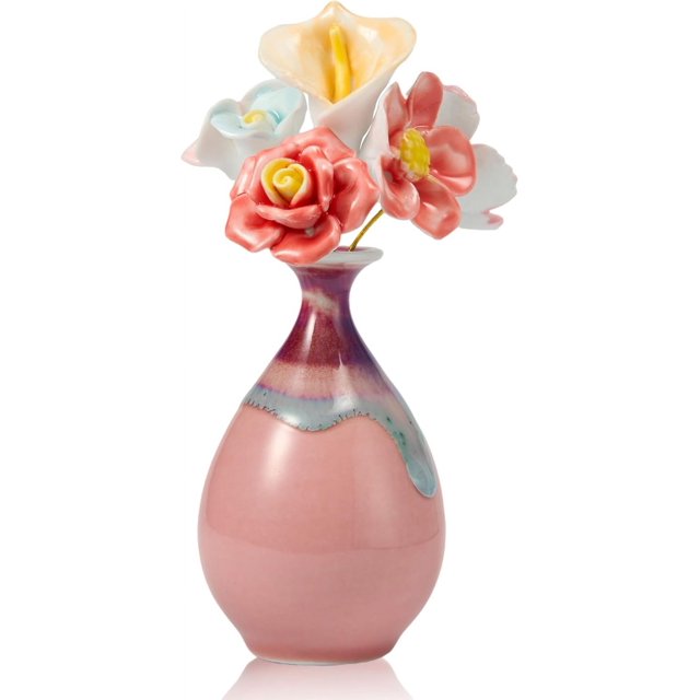 Small Ceramic Cherry Blossom Pink Vase with Five Ceramic Flowers
