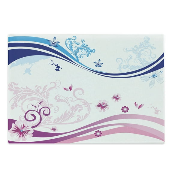 Floral Cutting Board, Modern Digital Swirls Ivy Flowers Leaves and White Backdrop Image, Decorative Tempered Glass Cutting and Serving Board, Large Size, Dark Blue Lilac, by Ambesonne