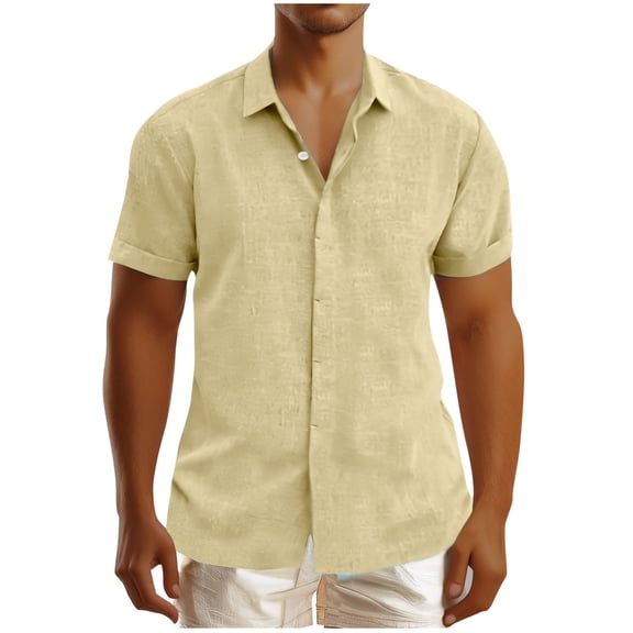 COSFO Mens Button Up Shirts Short Sleeve Summer Faux Linen Shirts Vacation Solid Collared Beach Loose Fit Tops