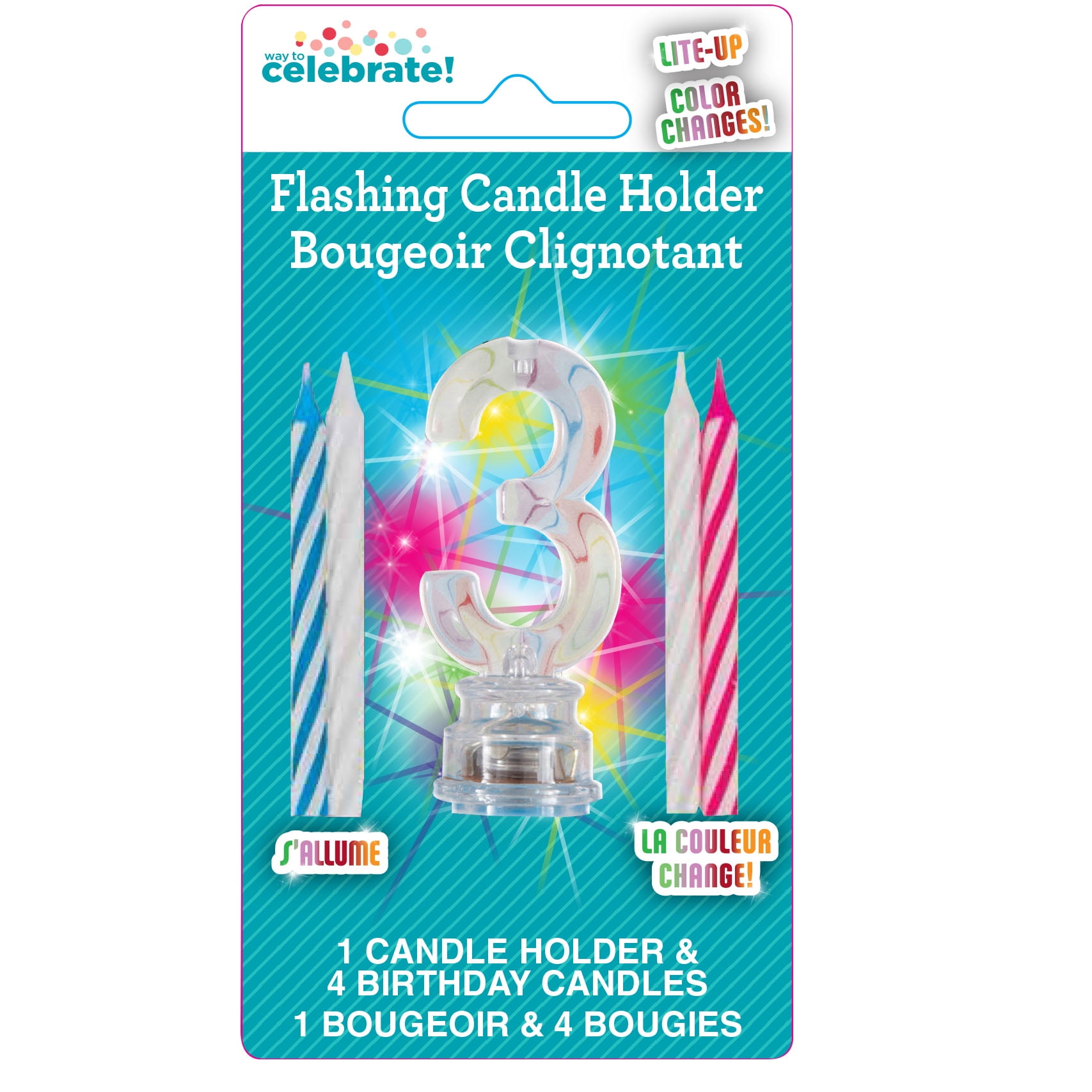 Multicolor Number 3 Flashing Birthday Candle Holder and Candles Set, 5 Pieces, by Way To Celebrate