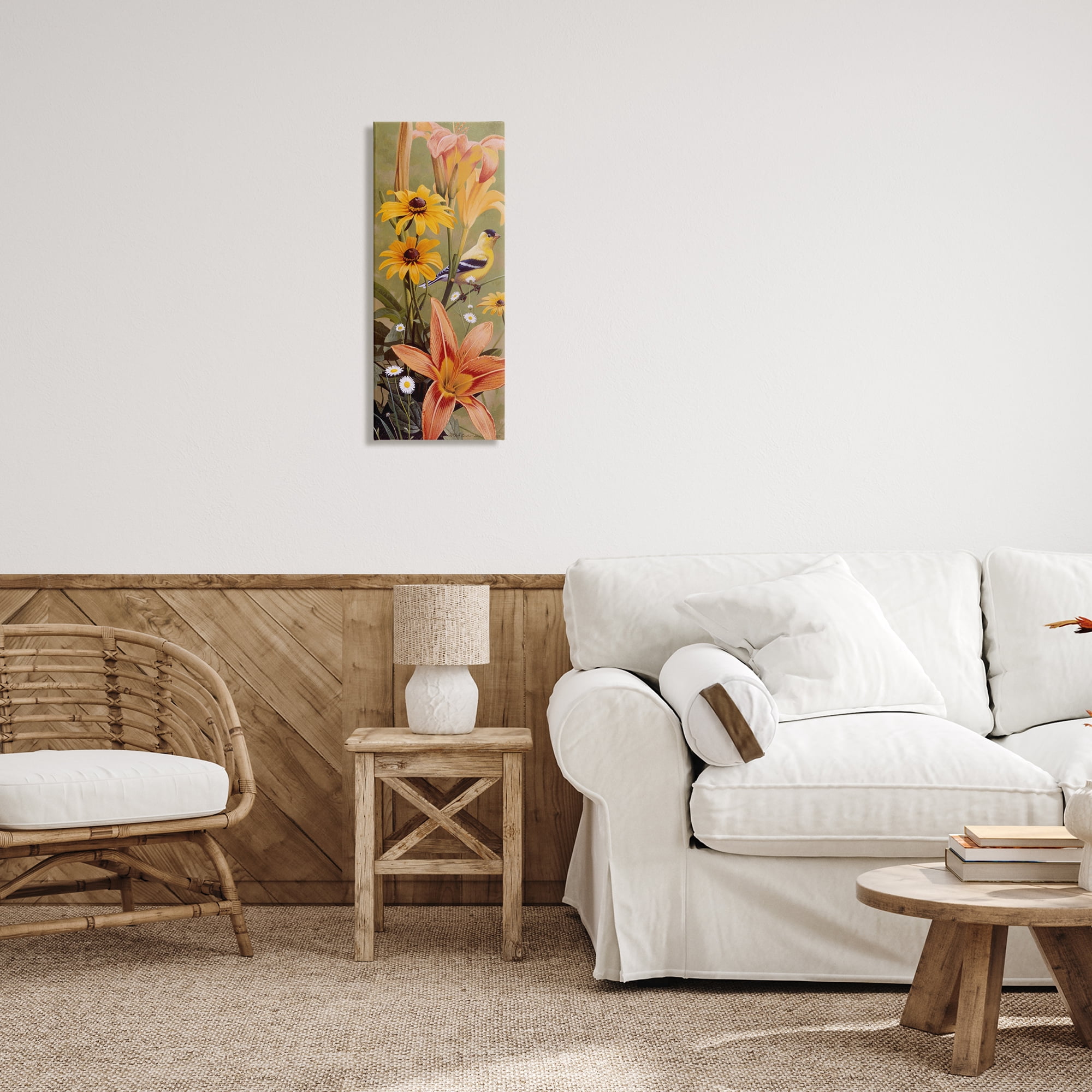 Stupell Industries Among the Flowers Bird Plants & Flowers Painting Wrapped Canvas Art Print Wall Art, 13 x 30