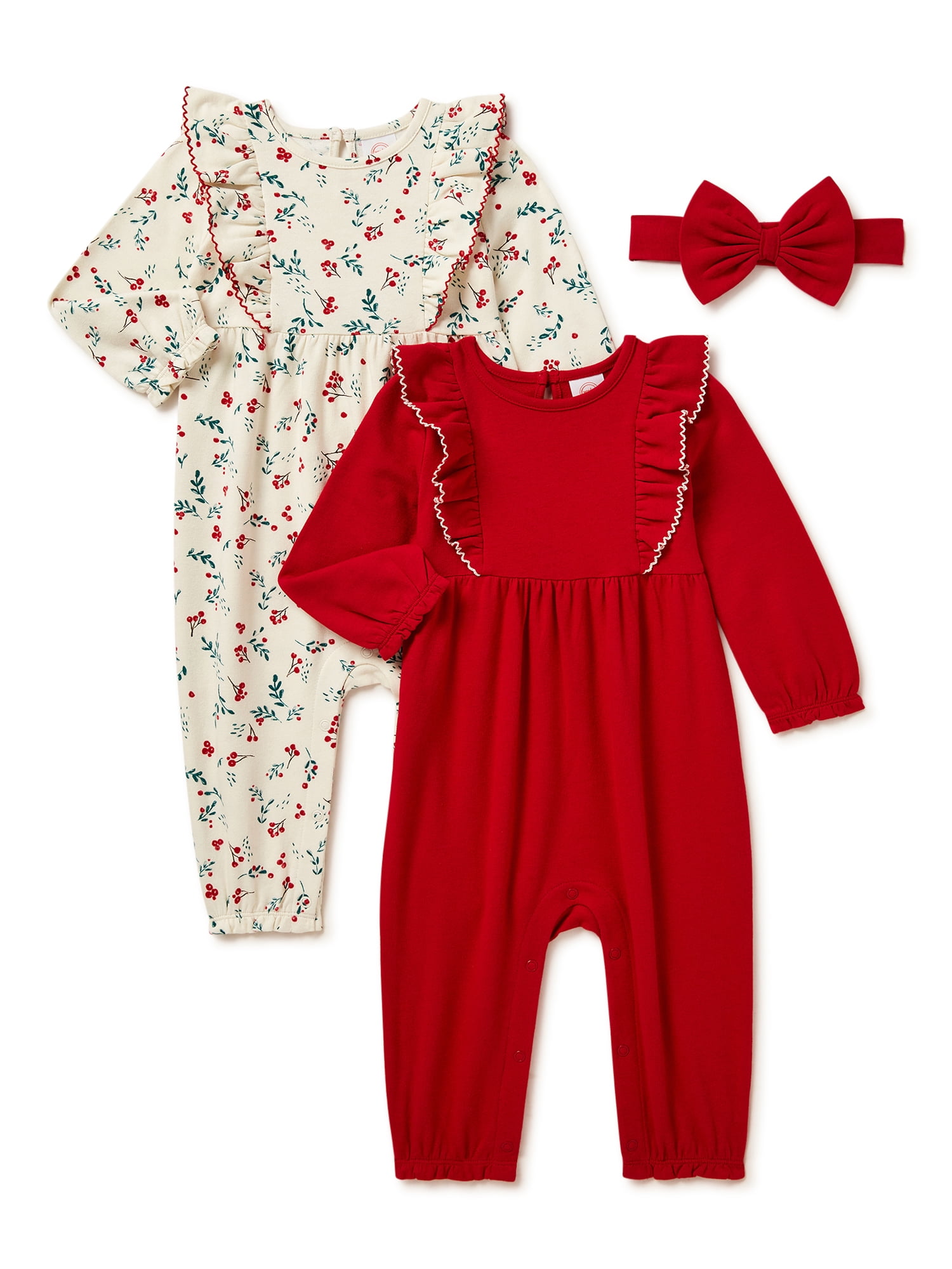 Wonder Nation Baby Girl Rompers with Long Sleeves and Headband, 2Pack