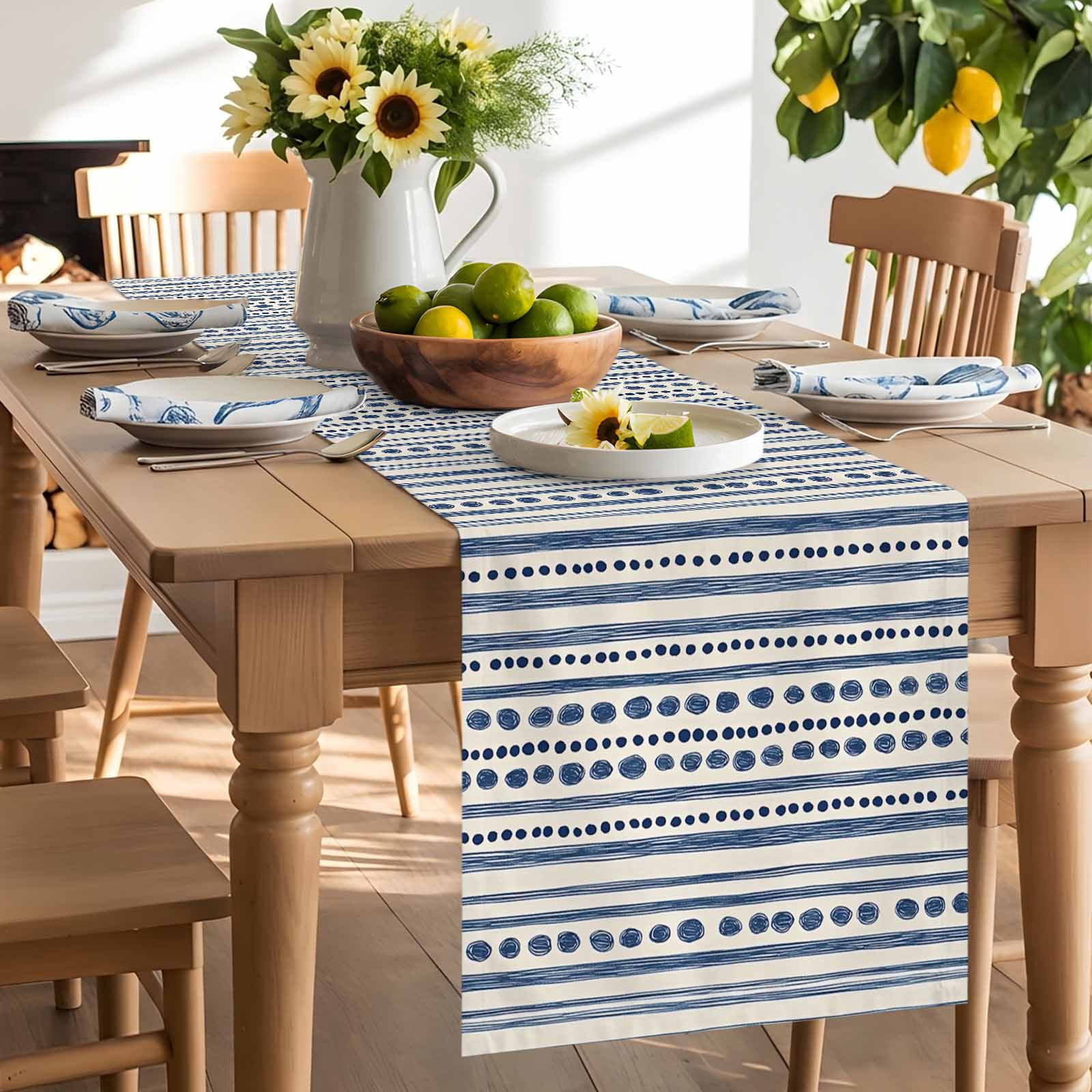 Modern Geometric Blue Stripe Dot Table Runner 90 Inches Long, Abstract Line Graffiti Beige Table Runners Tabletop Scarf Kitchen Dining Tables Decoration for Home Party Indoor Outdoor