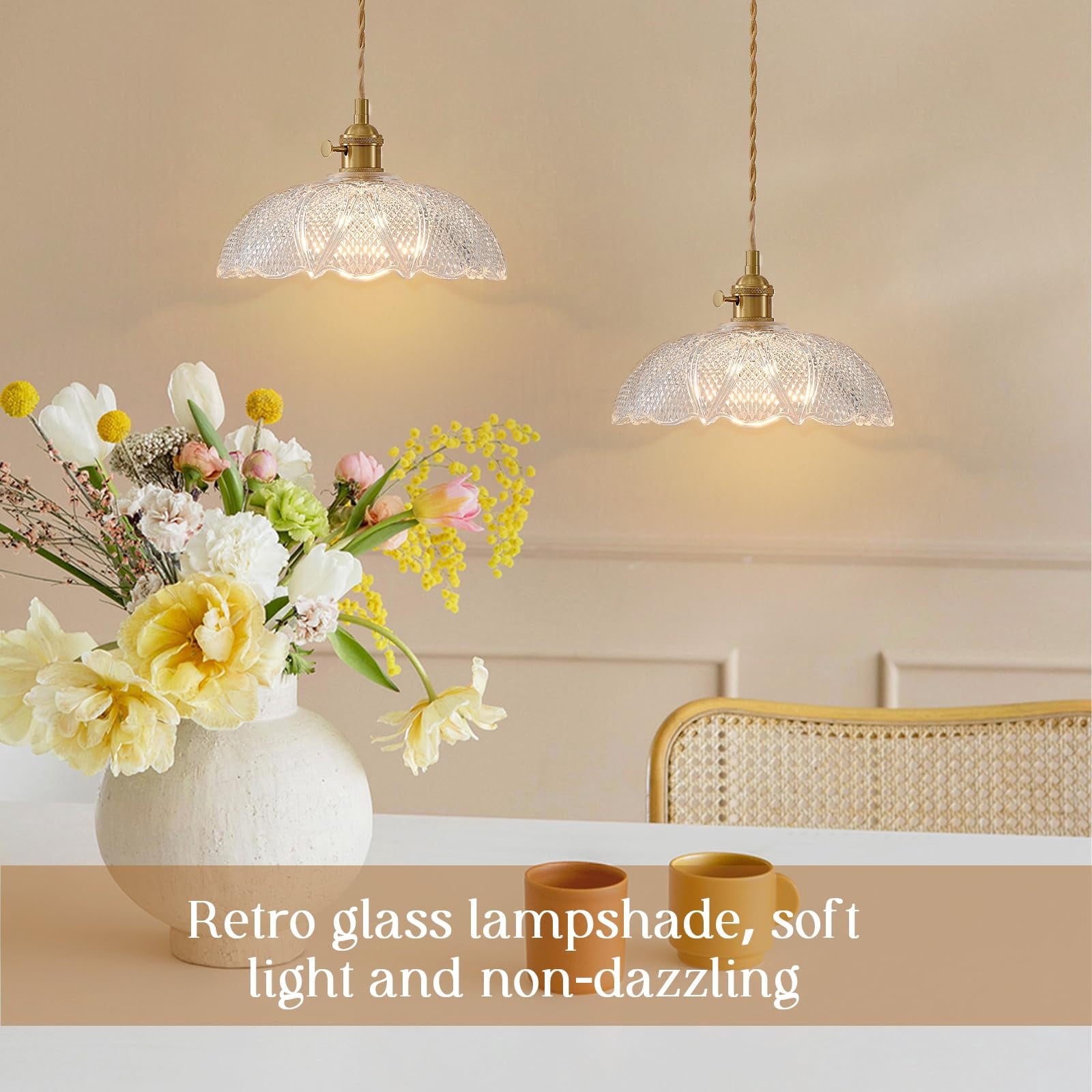 Oyisen Hanging Lamp,9.8 Inch Pendant Lights Kitchen Island Golden Adjustable Cord Hanging Pendant Light Flower Lampshade Vintage Pendant Light Farmhouse