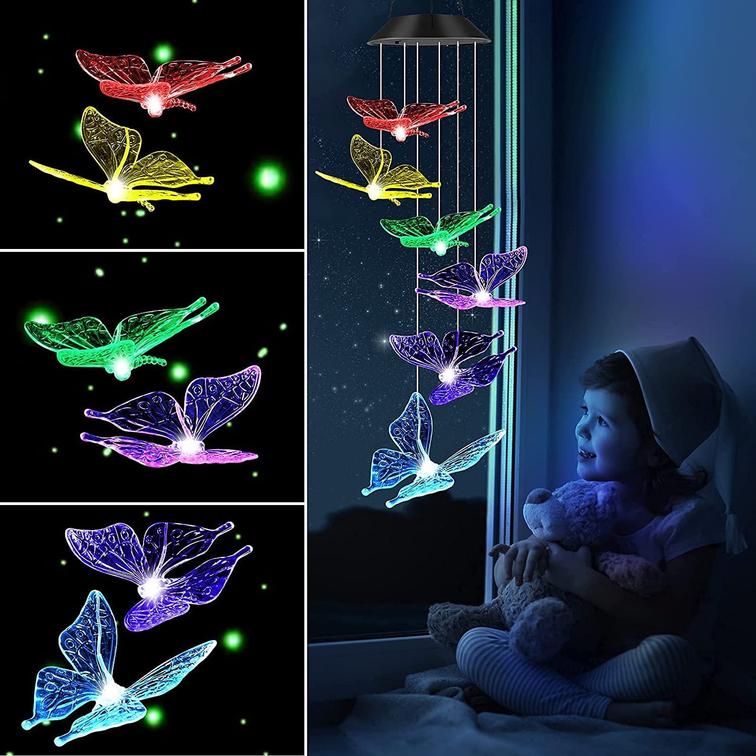 Solar Changing Color Hummingbird Ball Butterfly Dragonfly Wind Chime Solar  Powered LED Hanging Lamp Windchime Light for Outdoor Indoor Home Gardening  Yard Pathway Luces Led Para Decoracion Habitacion