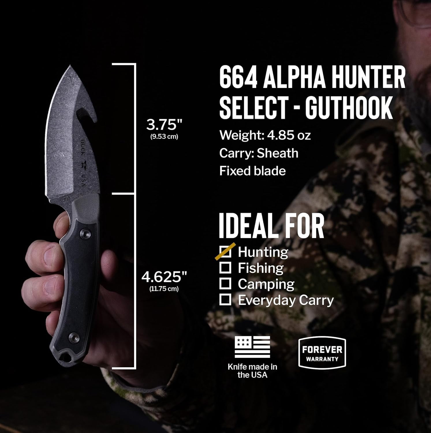 Buck Knives 664 Alpha Hunter Select Fixed Blade Hunting Knife with Guthook, Gray