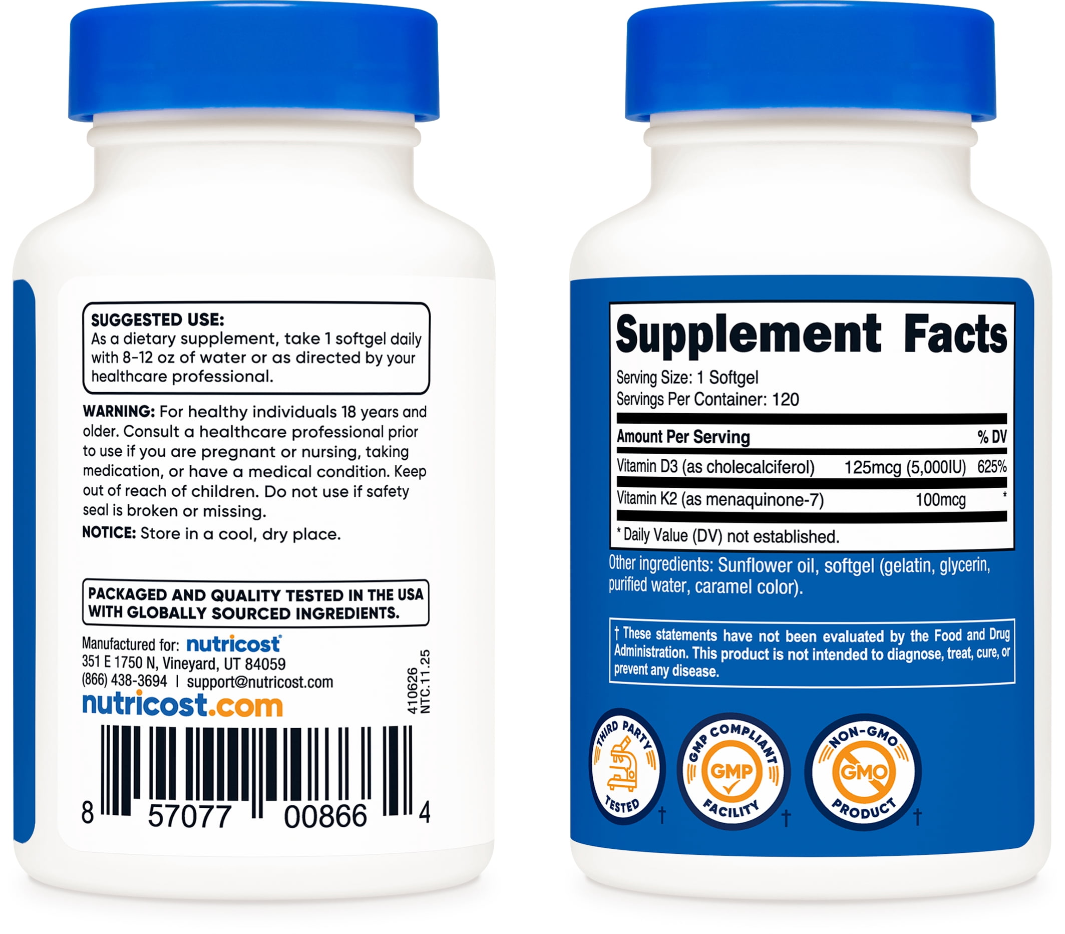 Nutricost Vitamin K2 (100mcg) + Vitamin D3 (5000 IU) 120 Softgels, Supplement