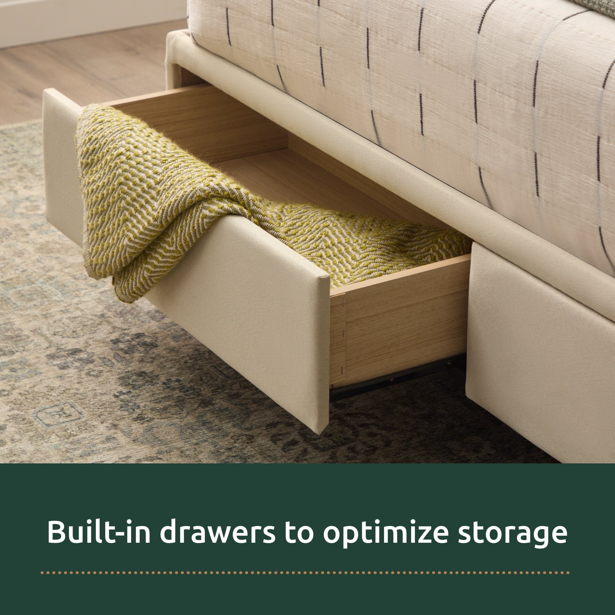 Rest Haven Jasper Upholstered Platform Bed with Drawers, Queen, Cream