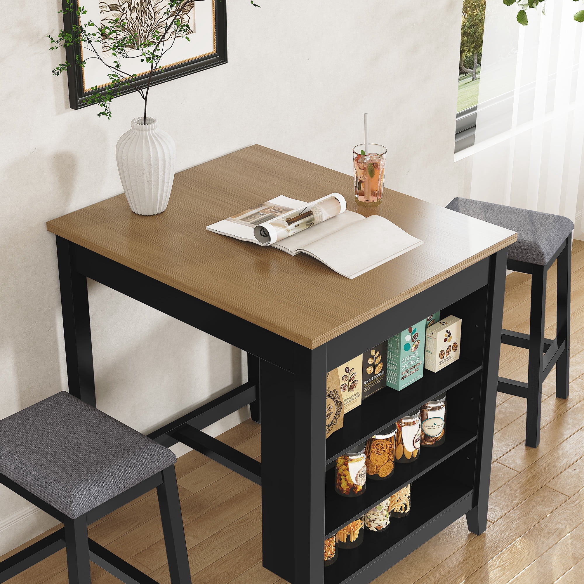 HLR Farmhouse Dining Table Set for 2, Small Kitchen Table Chairs Set of 2 with Tufted for Apartment, Black