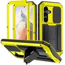 Dteck Metal Full Body Protection Case for Samsung Galaxy S25 Plus,Shockproof Aluminum Metal Tempred Glass Screen Protector Heavy Duty Silicone Stand Case Slide Camera Protection Cover,Yellow