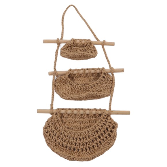 YUMILI Corbeille à Fruits à Suspendre - Corbeille à Fruits en Corde de Chanvre Artisanale à 3 Niveaux fixée au Mur en Bois à 3 Niveaux pour Jouets en Peluche pour Animaux de Compagnie, poupées