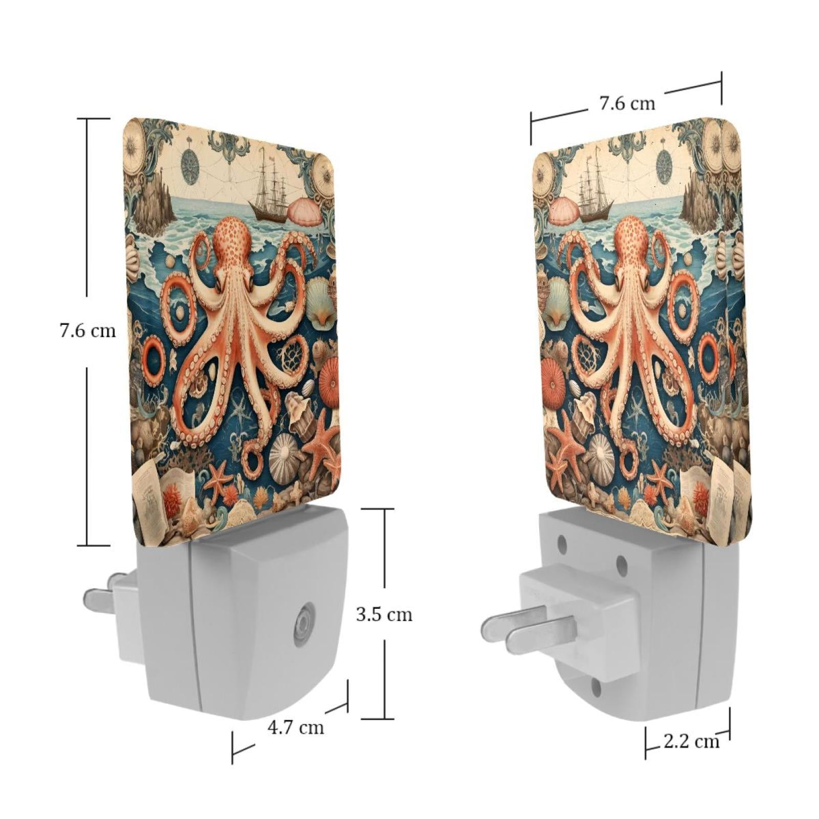 PhooArto Vintage Map Octopus Starfish Plug in LED Night Light Auto Sensor Dusk to Dawn Decorative Night for Bedroom, Bathroom, Kitchen, Hallway, Stairs, Baby's Room, Energy Saving