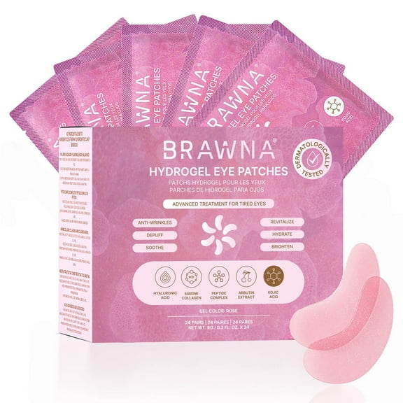 BRAWNA Hydrogel Under Eye Mask Patch with Arbutin, Kojic Acid, Callogen, Peptides, Hyaluronic Acid - for Dark Circles, Puffy Eyes, Undereye Bags - 24 Pairs - Rose