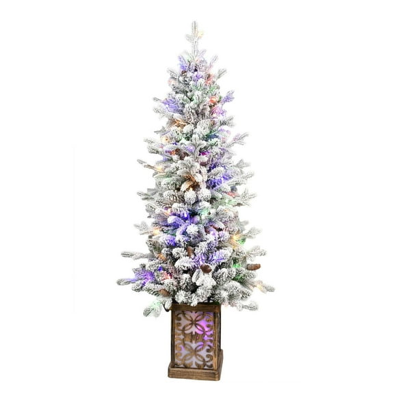 CZMDZH 4ft Pre-Lit Flocked Tabletop Tree with Red Berries & Pine Cones, Glitter Basin Wire-Tied LED Xmas Tree, Mini Centerpiece for New Year Party & Table Decor