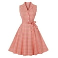 thumbnail image 2 of Women's Retro Plaid Suit Collar Dress V Neck Sleeveless Tie Waist British Plaid Swing Dresses, 2 of 9