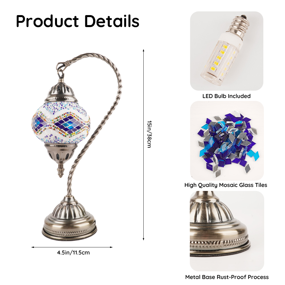 MEHOOM DIY Turkish Moroccan Lamp Making Kit, Mosaic Tiles Crafts Kit for Adults, Boho Decor Stained Glass Bedside Table Lamp, Unique Gift for Her or Him (Swan Neck Blue)