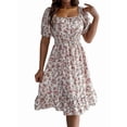 thumbnail image 3 of Women's Short Sleeve Floral Print Square Neck Tie Waist Ruffled Hem Midi Dress for Summer Casual White S, 3 of 8