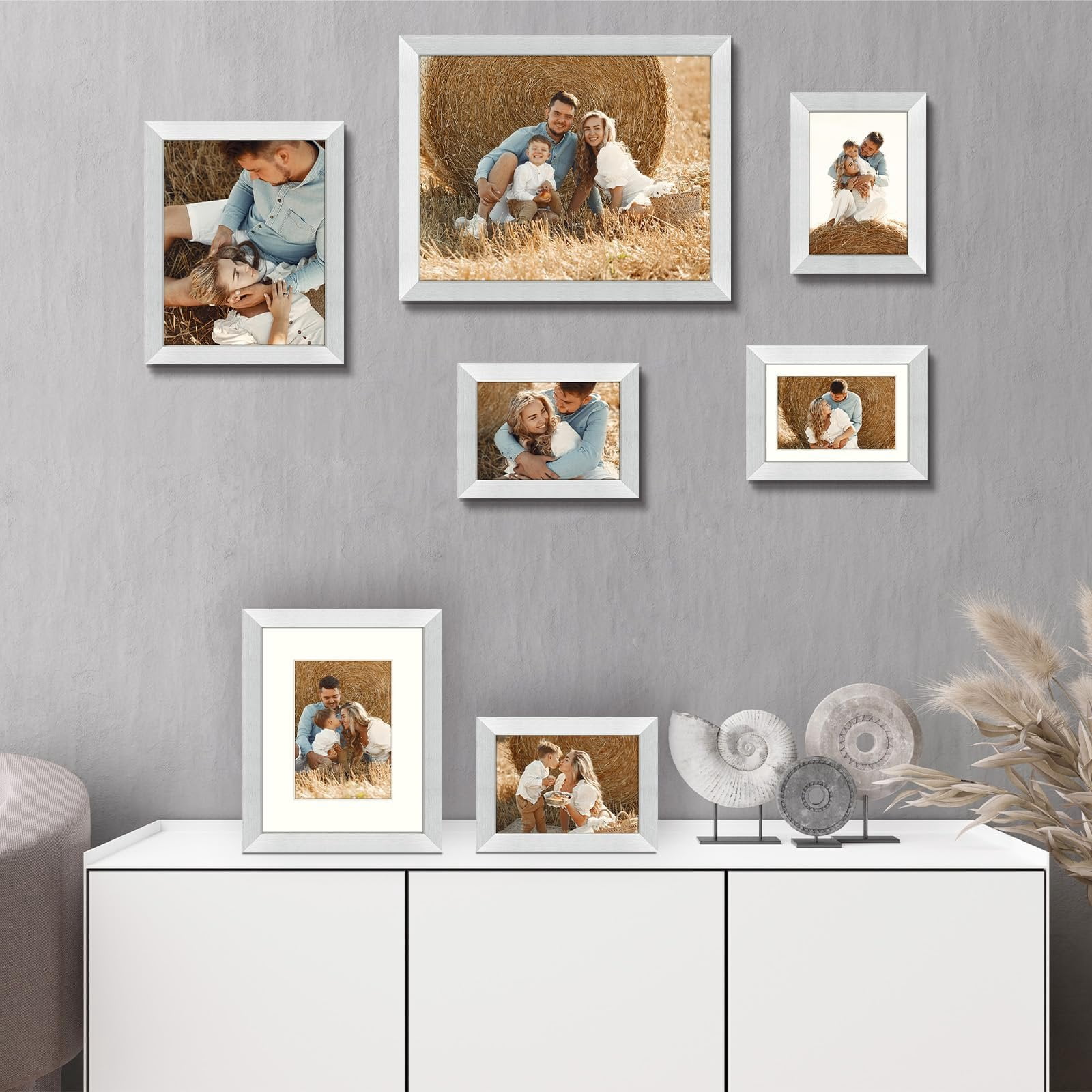 Golden State Art, Gallery Wall Frames, 11x14, 8x10, 5x7 Multiple Photo Frames Collage for Wall or Tabletop Displays with Mat or Without Mat Silver, 7 Pack