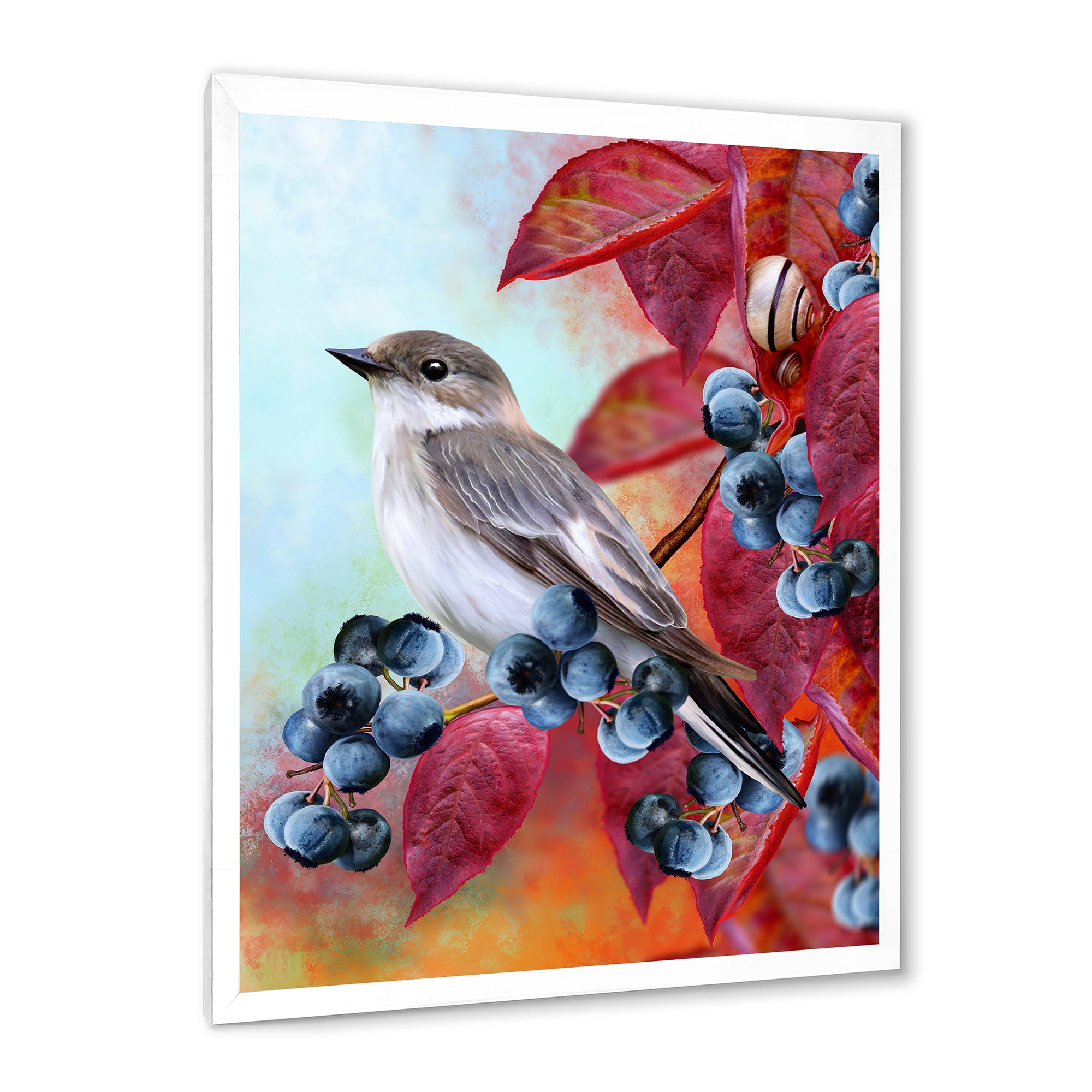 Designart 'Close Up Little Gray Bird On Red Autumn On Blueberry Twig' Traditional Framed Art Print