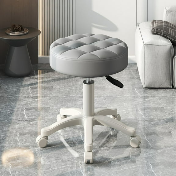 Fompes Round Rolling Stool Chair, Faux Leather Height Adjustable Swivel Drafting Work SPA Shop Medical, Salon Stools with Wheels Office Chair Small - Grey