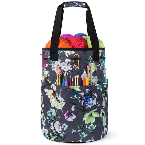 PAVILIA Crochet Bag Knitting Bag Organizer, Yarn Bag Storage Tote for Crocheting On The Go, Knitting Accessories Supplies Holder with Grommets, Gift for Crochet Lovers Knitters (Floral Gray)