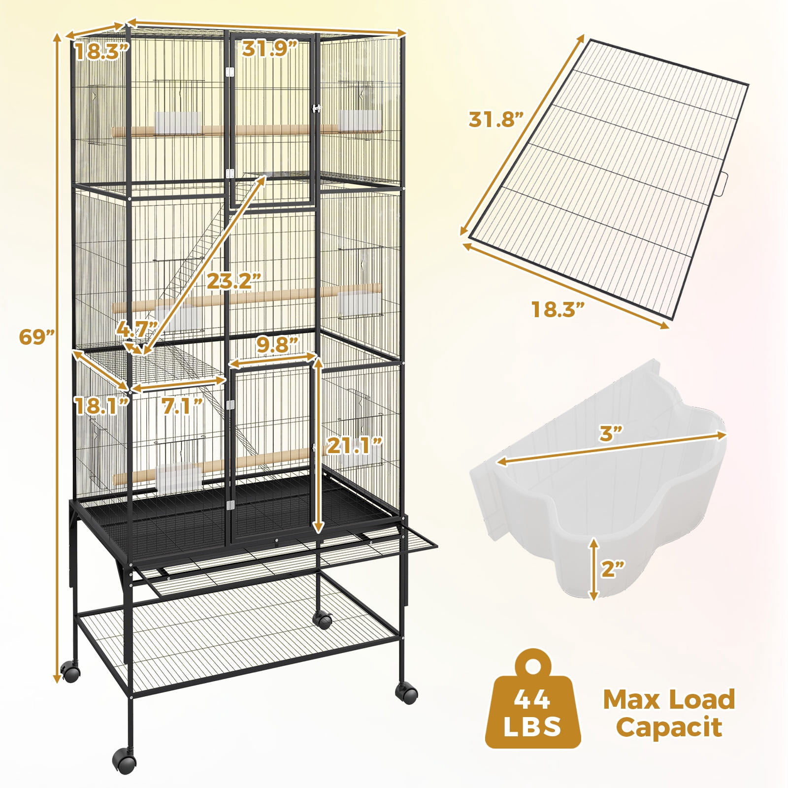 69 Inch Large Bird Cage, Bird Cage with Rolling Storage Stands, Feed Bowls, Wide Tall Parrot Cage for Parakeets, Conures, Cockatiel, Cockatoo