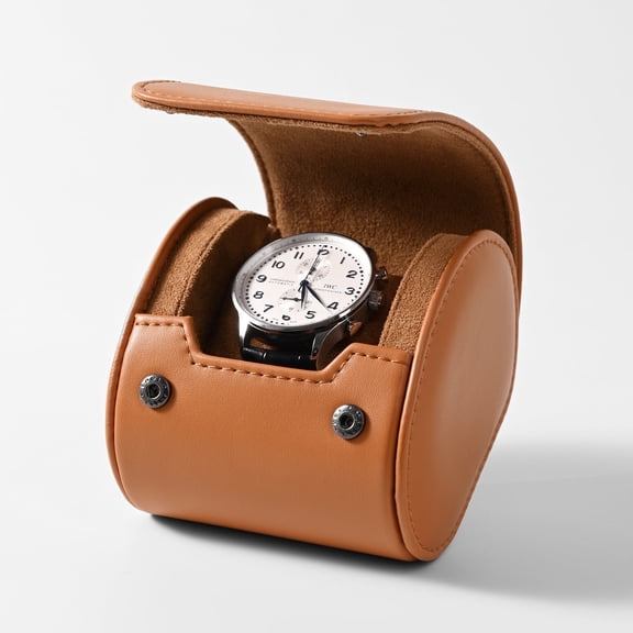Oirlv 3.86" Tan Leather Single Watch Roll , Travel Case with Removable Suede Pillow for Men & Women