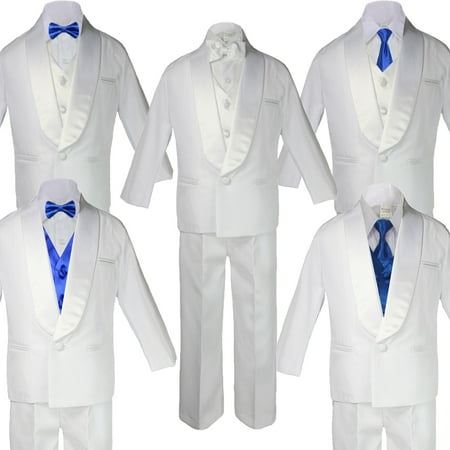 

Baby Teen White Satin Shawl Lapel Suits Tuxedo ROYAL BLUE Satin Bow Necktie Vest