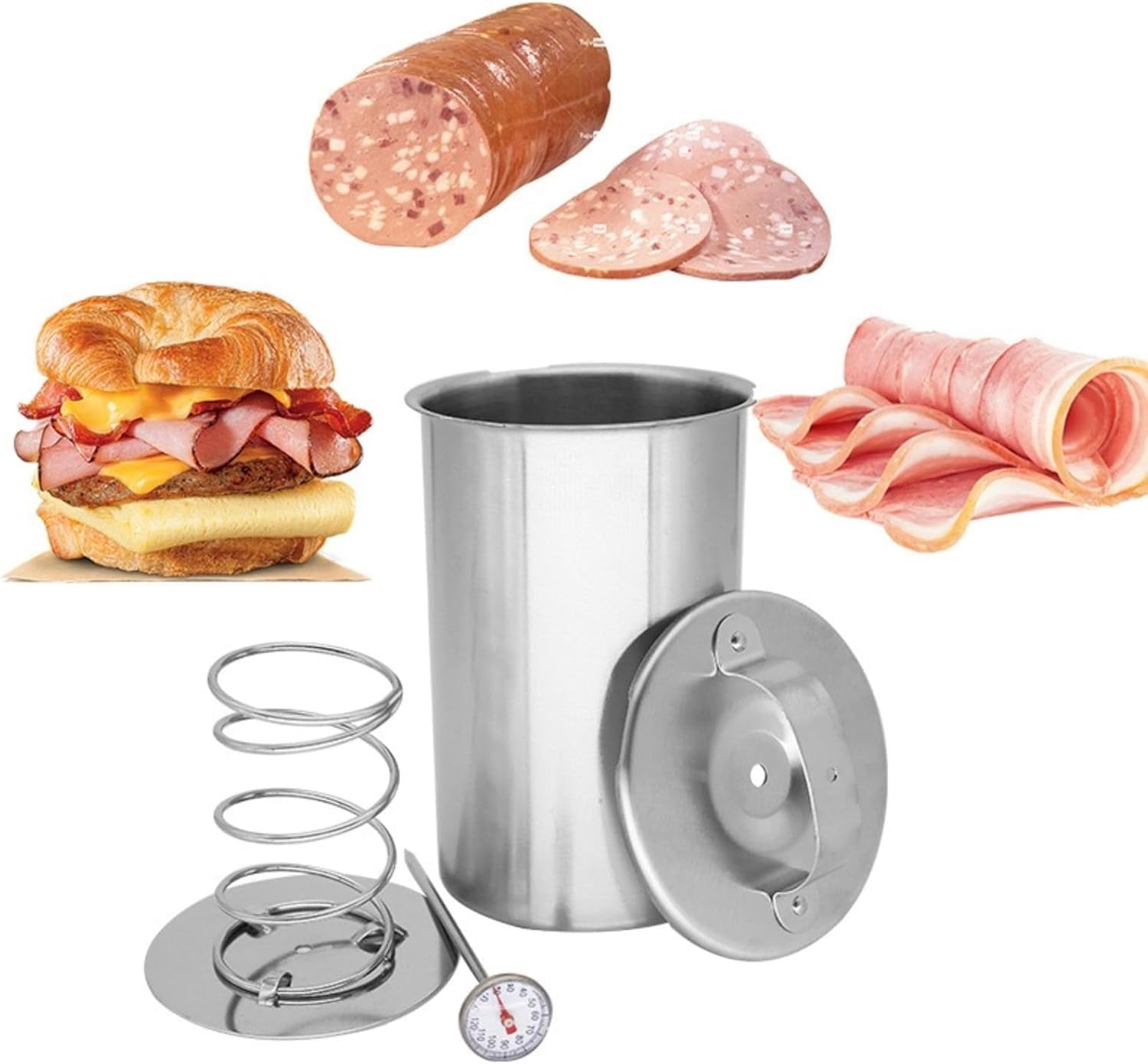 Stainless Steel Deli Meat Press with Thermometer & Spring - 2026 Upgraded Meat Press Mold for Deli Meats, Kitchen Bacon Pressure Cookers Boiler Pot Pan Stove