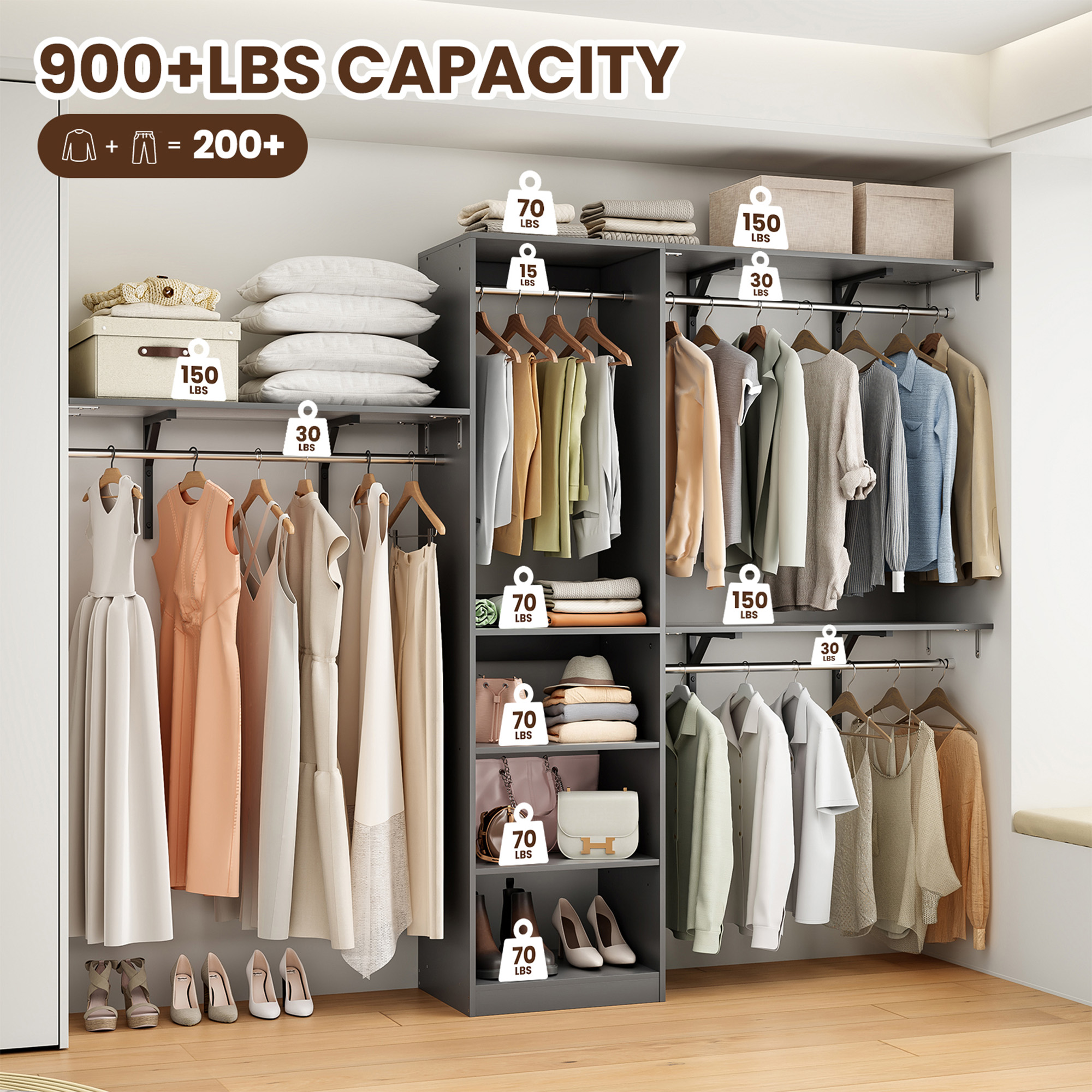 MAYEERTY Gray 96*16*75" Heavy Duty Wood Closet Organizer, 4 Rods & 5 Shelves, Fits 5-10 ft Spaces