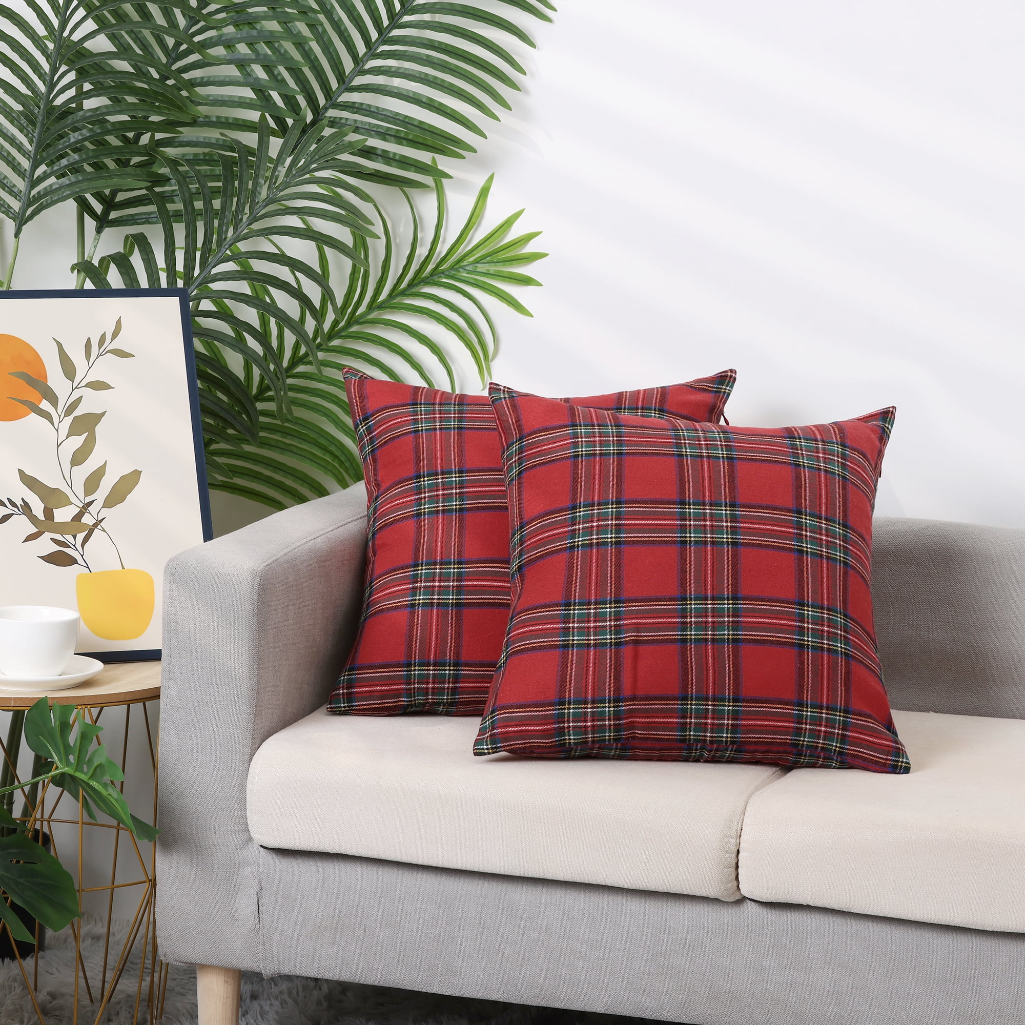 Unique Bargains Festive Plaid Decorative Throw Pillow Covers Scottish Tartan Decor 2 Pcs Large Plaid Red 20" x 20"