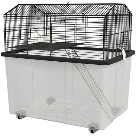 22" 2-Tier Hamster Cage with Extra-Deep 14" Base, Small Animal Cage with Ramp, Water Bottle, Food Dish, Wheels, Black