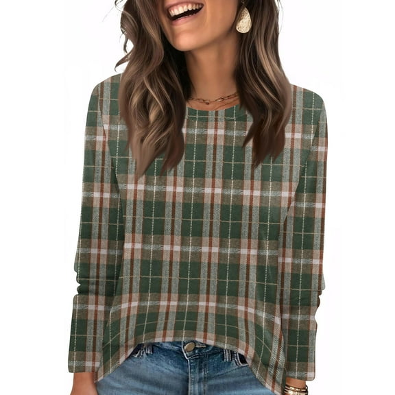 Nokdvo Sweatshirt Women Trendy Plaid Crew Neck Pullover Long Sleeve Casual Loose Fitting Basic Tees,Green S