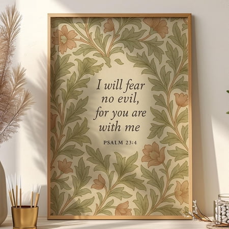 Psalm 23:4 Print I Will Fear No Evil Botanical Bible Verse Art, Unframed Paper Poster 8x10in