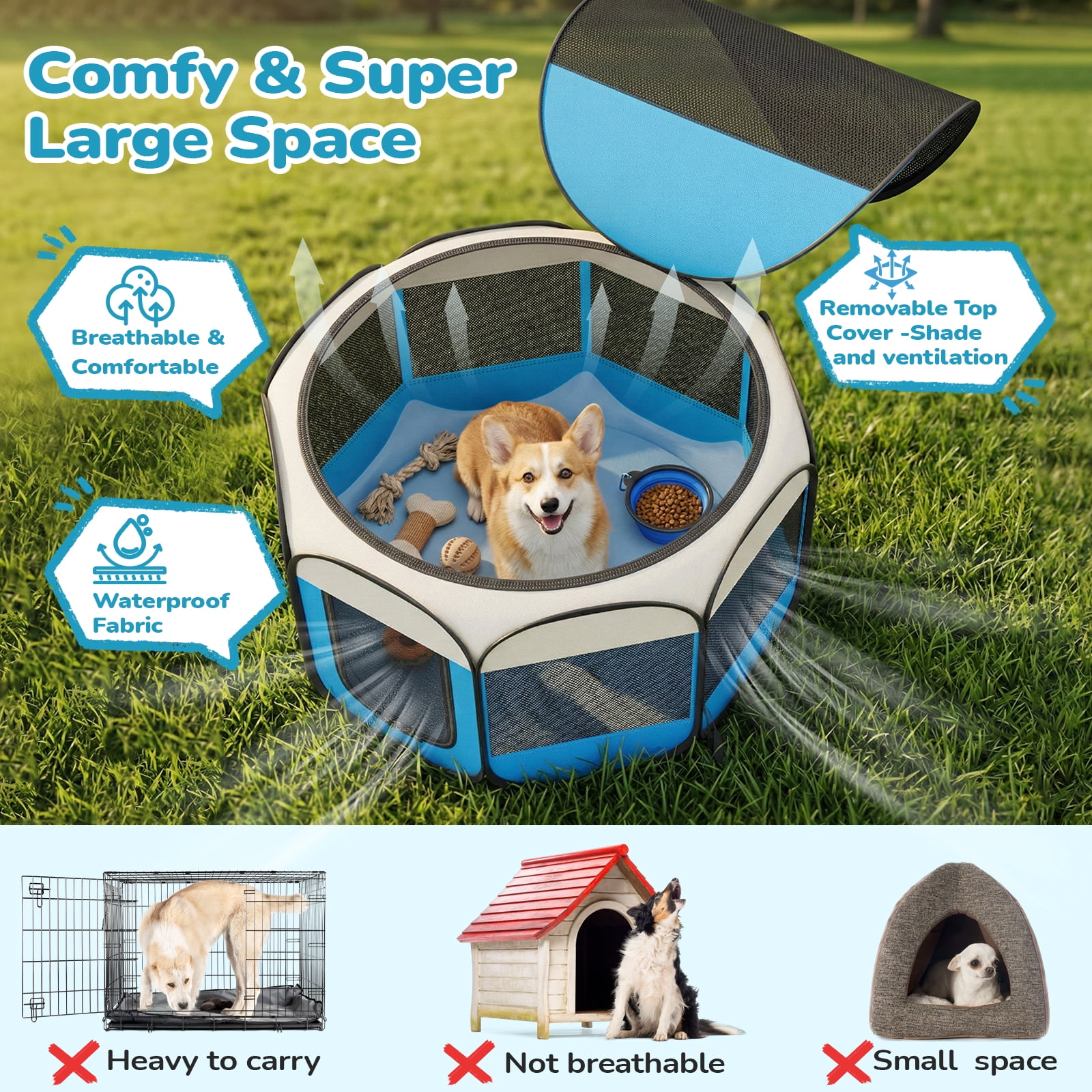 BEBANG Dog Playpen Indoor/Outdoor, Oxford Fabric & Breathable Mesh, Puppy Playpens Pet Exercise for Small/Large Dogs, Cats, Rabbits, Hamsters (L)