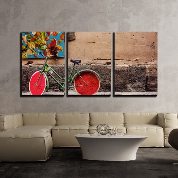 wall26 - 3 Piece Canvas Wall Art - Antique Bicycle with Watermelon Slice Shaped Wheels in The Street - Modern Home Art Stretched and Framed Ready to Hang - 24"x36"x3 Panels