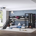 thumbnail image 3 of Twin XL size metal loft/bunk bed with basketball hoop, pull-up rings, climbing wall, and built-in bookshelves. Playful childlike  design featuring a slide,Black., 3 of 22