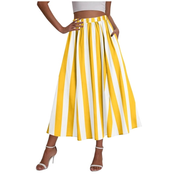 YUGYXL Womens Summer Striped Maxi Skirts A-Line Elastic Waist Flowy Skirt Beach Vacation Outfits Yellow XL