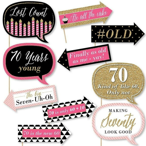 Big Dot of Happiness Funny Chic 70th Birthday - Pink, Black and Gold - Birthday Party Photo Booth Props Kit - 10 Piece