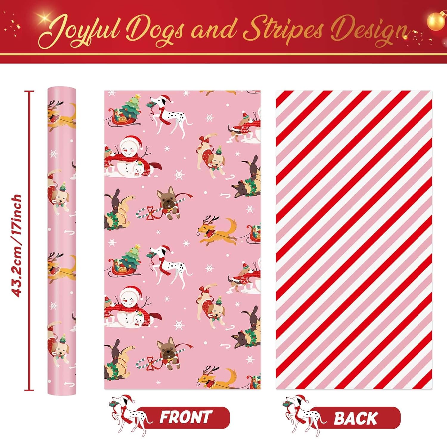 Dog Christmas Wrapping Paper Roll - 1 Roll 17”x 33 ft Pink Puppy Christmas Wrapping Paper Reversible Red Candy Cane Stripe Gift Wrap for Kids Adults Xmas Winter Puppy Party Celebration