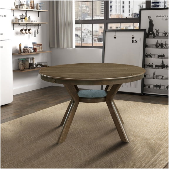 47.24 Inch Round Oak Dining Table with Trestle Pedestal Base, Modern Kitchen Table for 4-6 Seats, Solid Wood Construction for Dining Room and Living Room