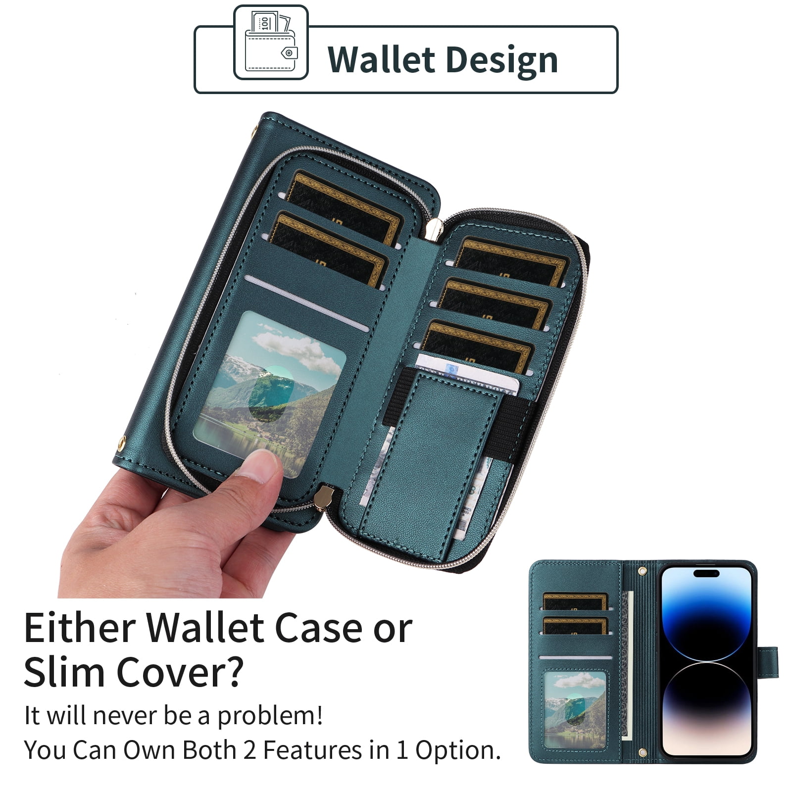 Furiet Argyle Wallet Case Compatible with iPhone 16 Pro 6.3 inch with Wrist Strap Shoulder Strap, Card Slot Zipper Purse Luxury PU Leather Stand Cell Phone Cover for i Phone16 i16 16Pro Green